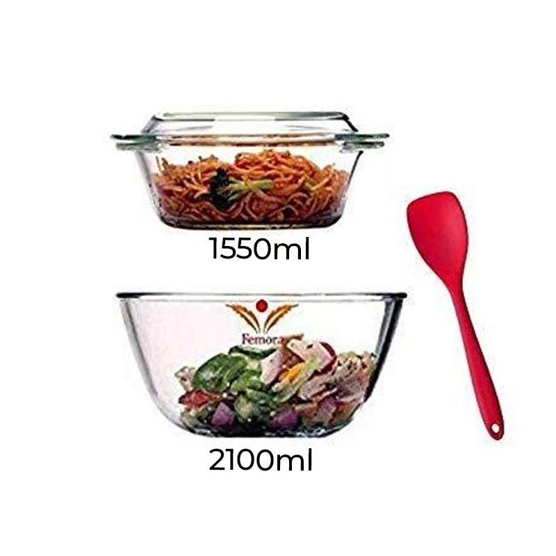 Glass Mixing Bowl, Serving Casserole & Silicone Serving Spoon | Set of 3