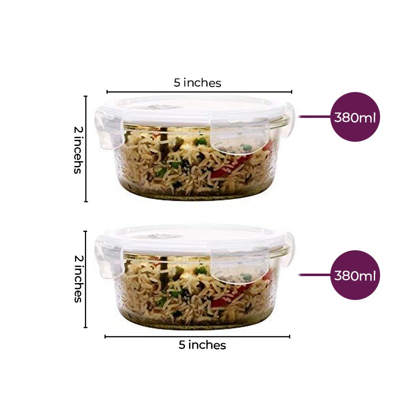 Borosilicate Glass Round Food Storage Container with Air Vent Lid | 380ml, 580ml, 940ml | Set of 2