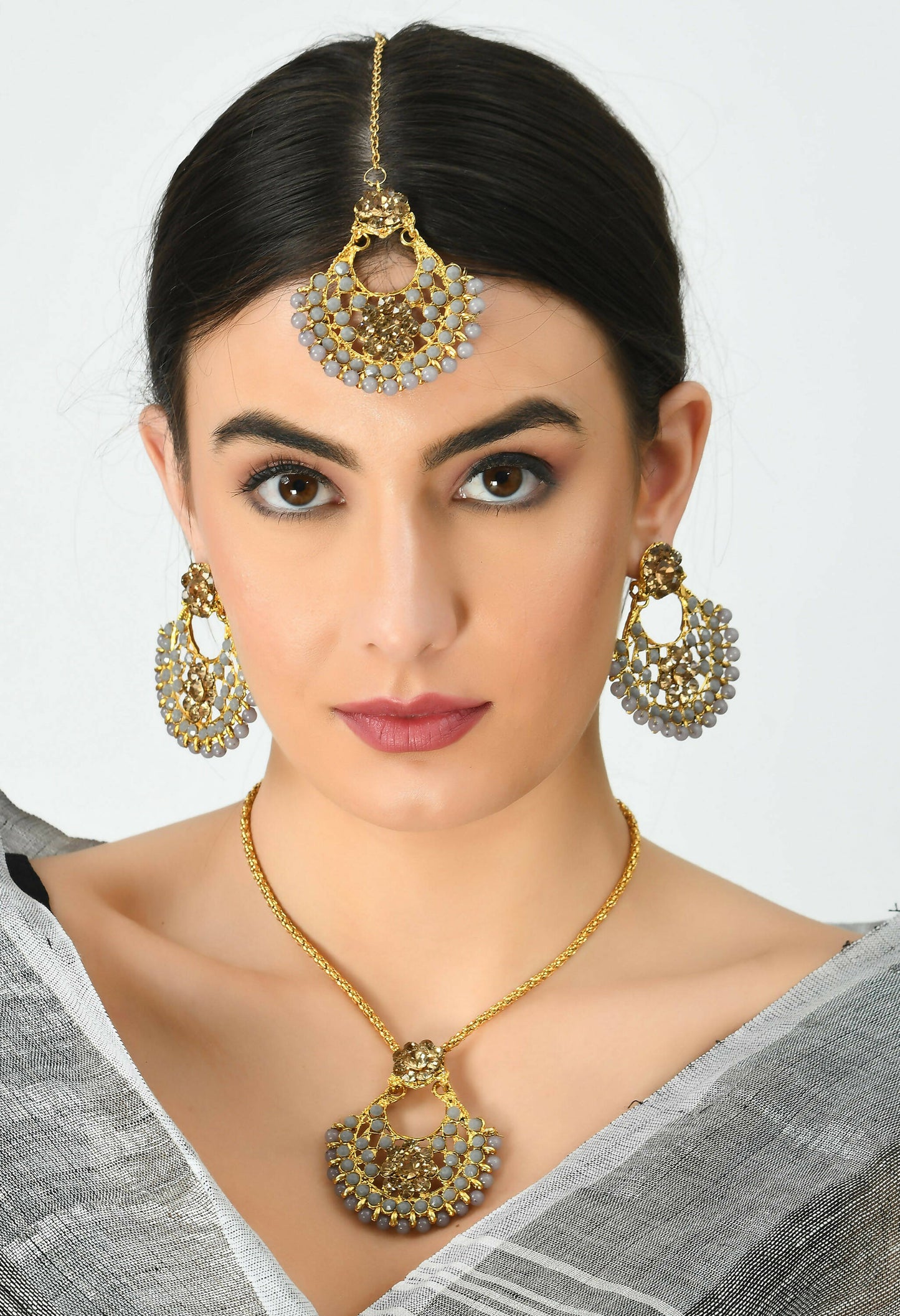 Mominos Fashion Johar Kamal Gold-Polished Brass Finish Long Necklace For Women (Golden/Grey)
