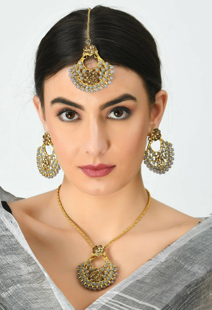 Mominos Fashion Johar Kamal Gold-Polished Brass Finish Long Necklace For Women (Golden/Grey)