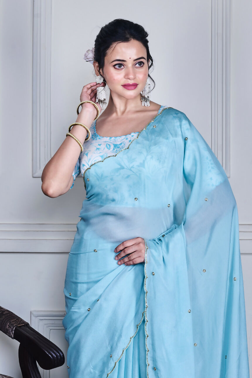 Morchari Blue Chiffon Hand Embroidery Saree And Stitched Blouse