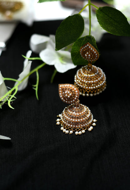 Mominos Fashion Johar Kamal Leaf Design Jhumka With Stone & Pearl