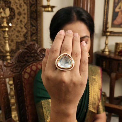 JS Fashion Kundan High Gold Polish Full Stone Designer Finger Rings for Women | Adjustable Ethnic Bridal Jewellery for Wedding, Party & Festive | Statement Ring Gift Set