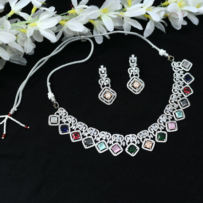 Mominos Fashion Johar Kamal Women Silver-Plated American Diamond Multi Colour Choker Set