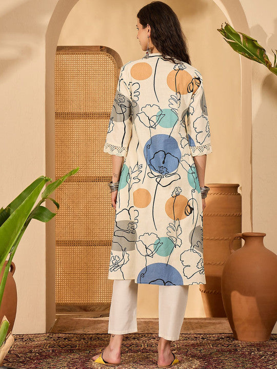 Sangria Women Geometric Printed Khari Print Daily Pure Cotton Straight Kurta