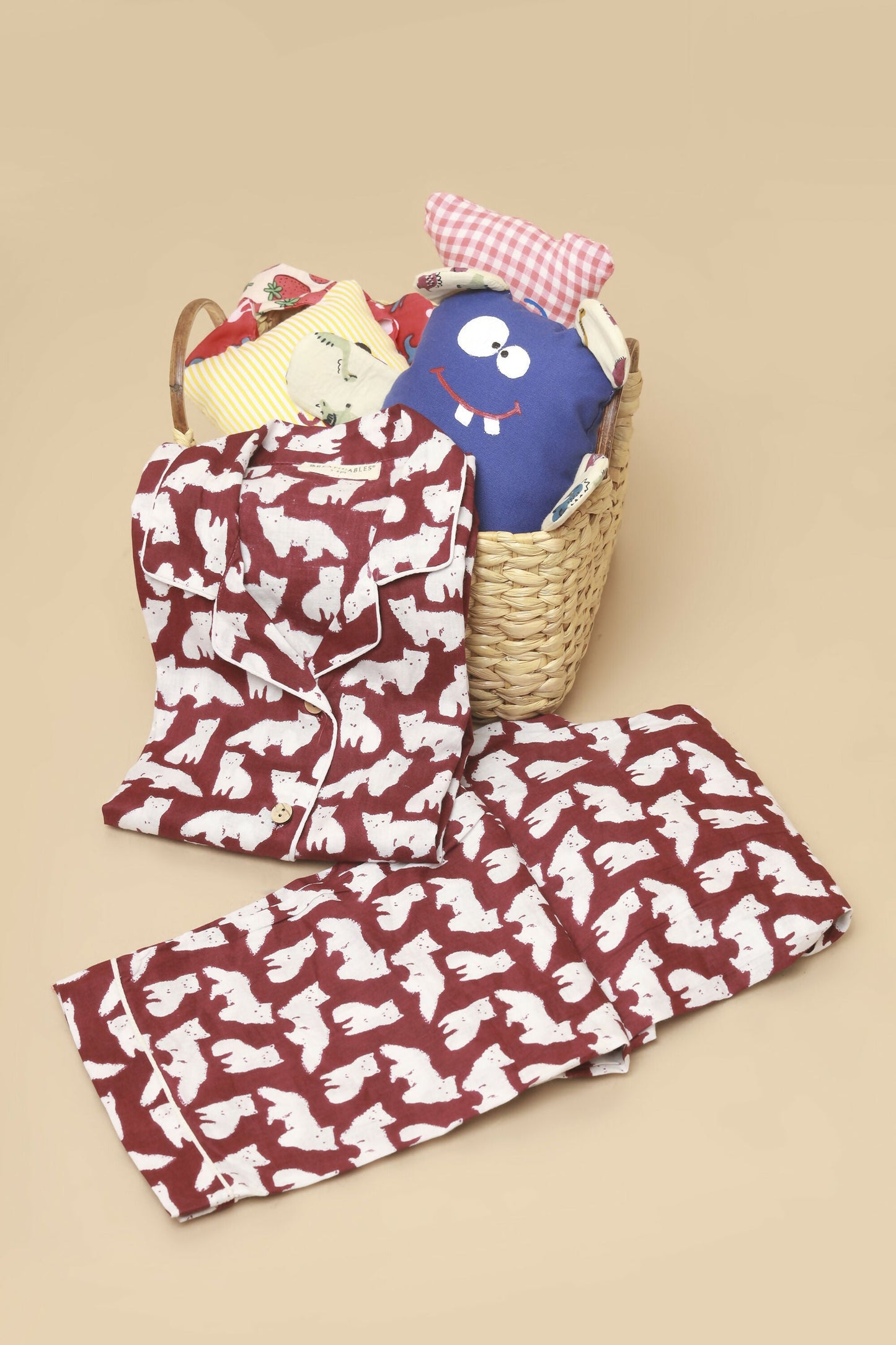 Breathables Kids Cotton Night Suit – Maroon Cat Print Shirt & Pyjama Co-Ord Set For Boys & Girls