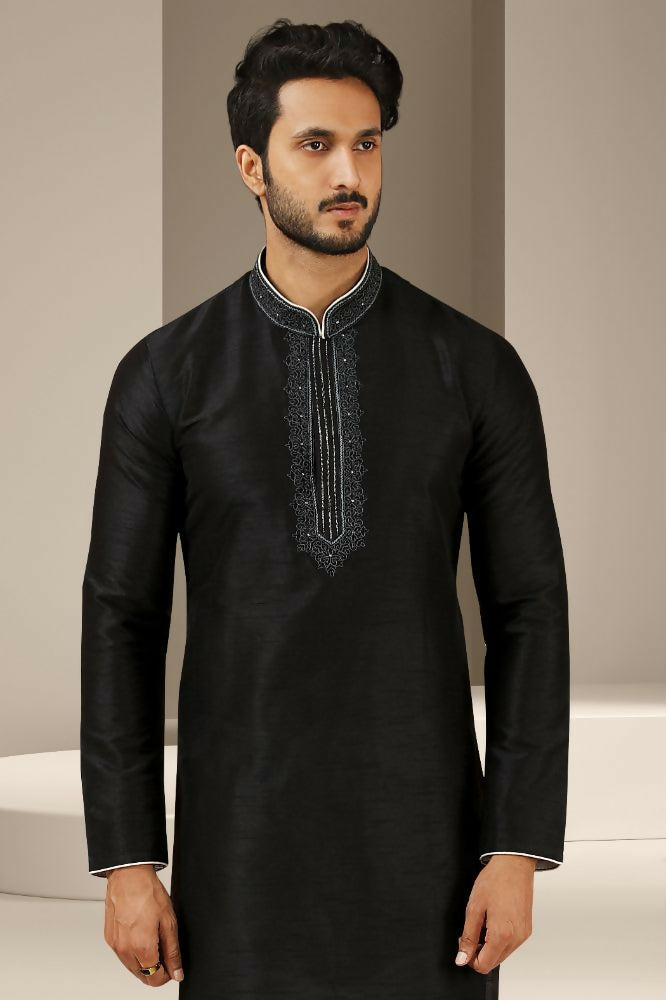 Raivat Ethnic Banarasi Art Silk Thread Work Kurta Pajama In Black Colour