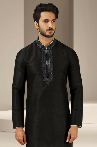 Raivat Ethnic Banarasi Art Silk Thread Work Kurta Pajama In Black Colour