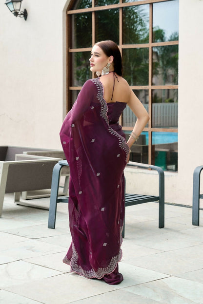 Vastranavya Wine Embroidery Work Shimmer Chiffon Saree with Unstitched Blouse