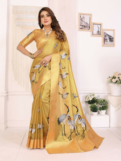 Joban Fashion Golden Cranes Patterns Banarasi Silk Sarees