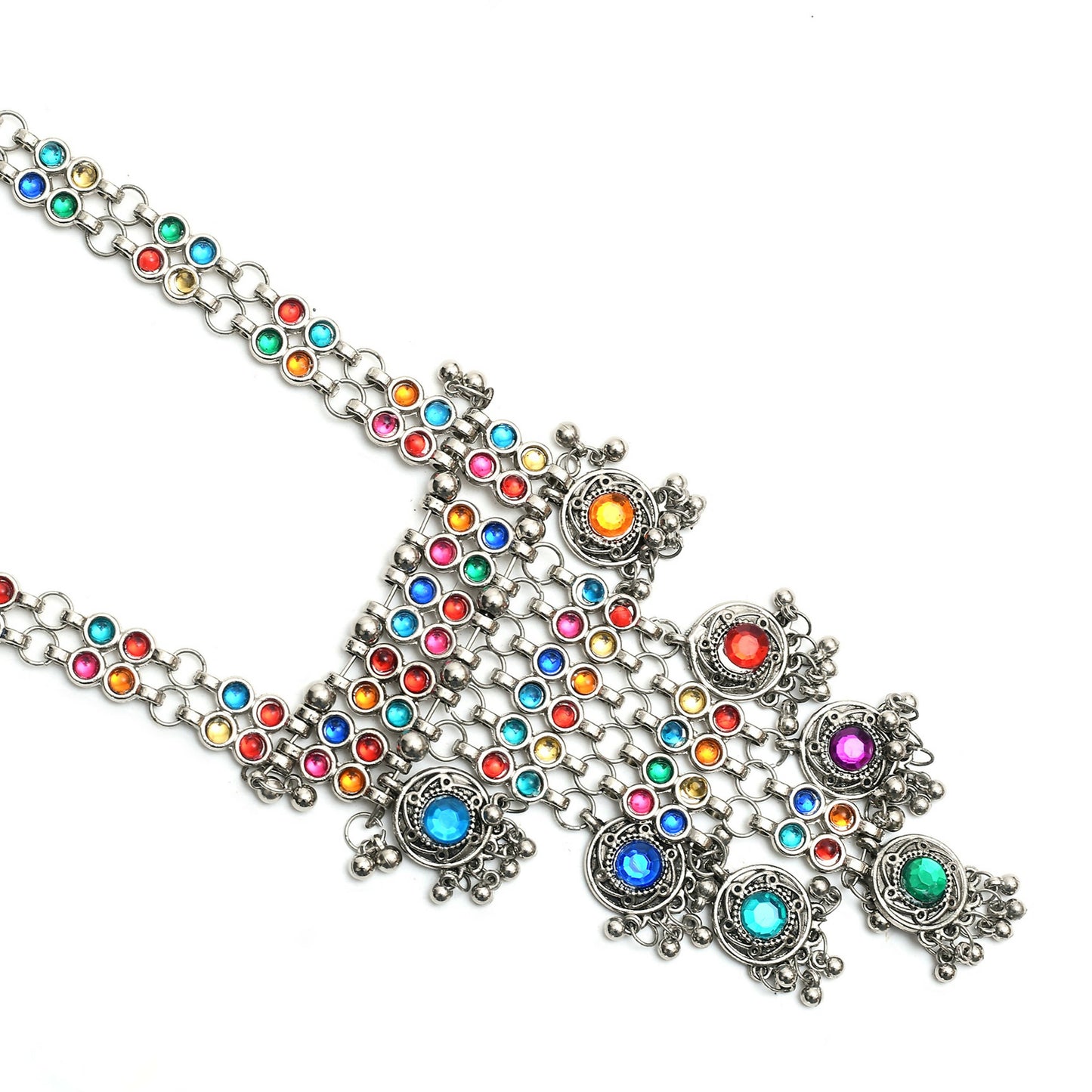 Mominos Fashion Johar Kamal Oxidised Silver-Plated Brass Finish Multi Kundan Afghani Long Necklace For Women