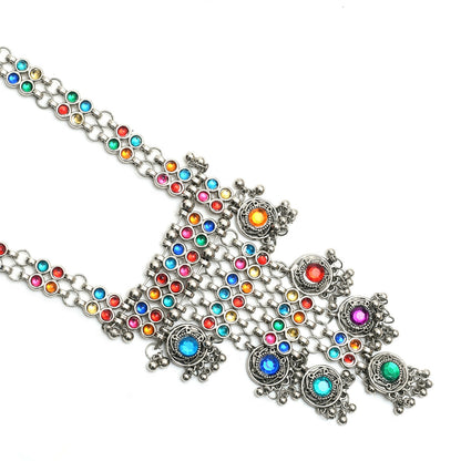 Mominos Fashion Johar Kamal Oxidised Silver-Plated Brass Finish Multi Kundan Afghani Long Necklace For Women