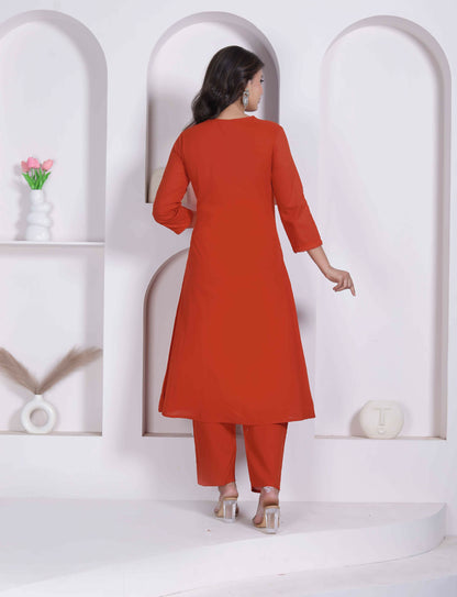 Miravan Womens Rust Floral Printed Angrakha Style Kurta With Palazzo