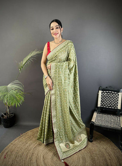 Joban Fashion Mehendi Green Bandhej Bandhani Vichitra Silk Bandhani Prints Saree