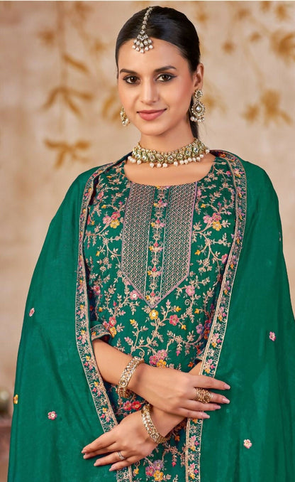 Anaita Emerald Green Vichitra Silk Readymade Palazzo Suit with Embroidery & Lace Work