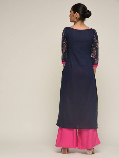 Cheera Hand Block Print Navy & Magenta Straight Kurta With Palazzo (MAAI-095K)