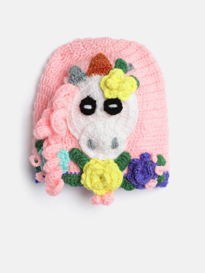 Chutput Kids Woollen Hand Knitted Pony Detailed Cap - Pink