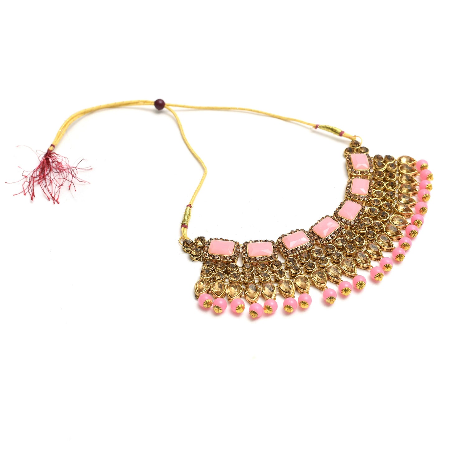 Mominos Fashion Johar Kamal Gold-Polished Brass Finish Kundan/Stone Choker For Women (Baby Pink)