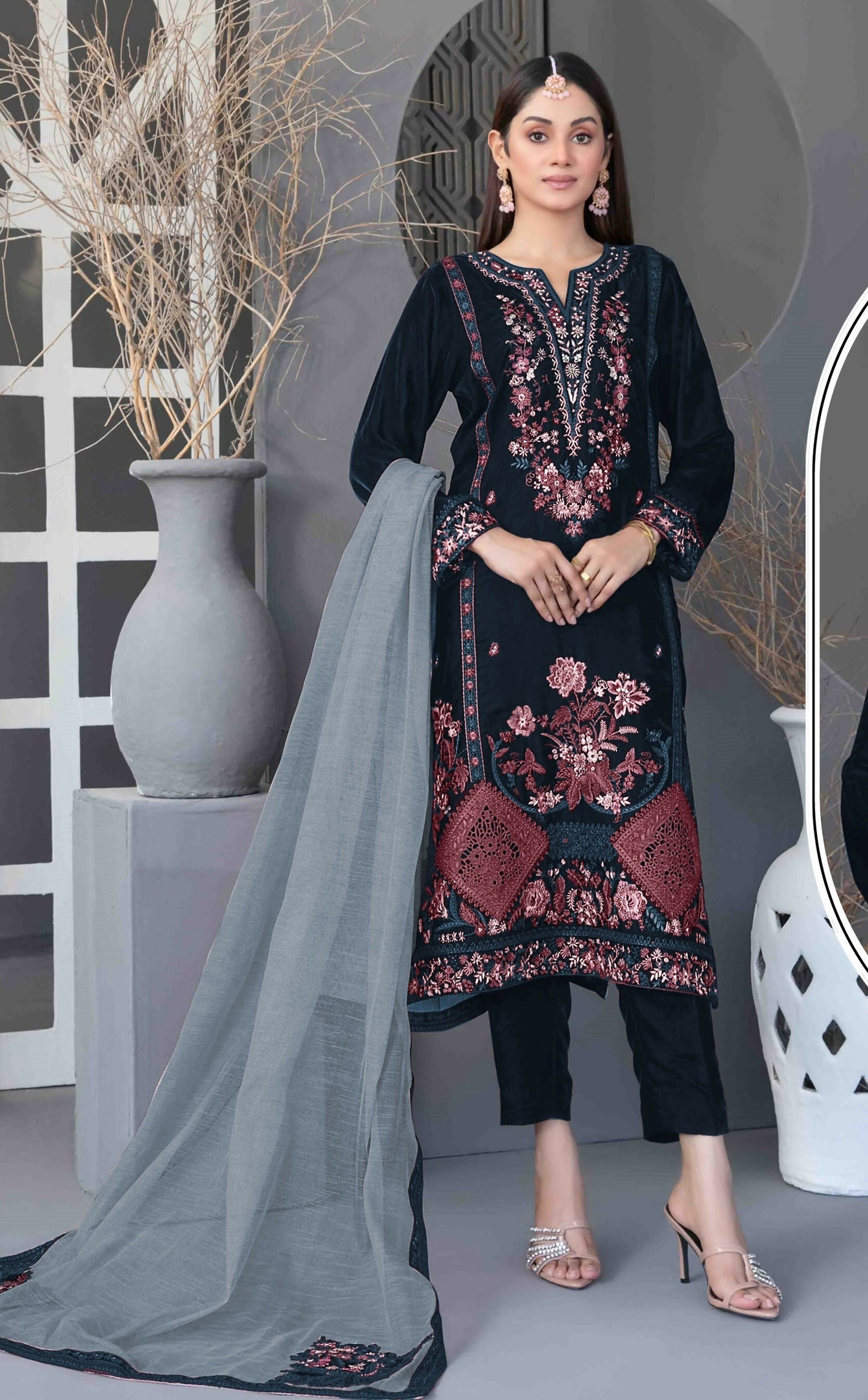 Anaita Navy Blue Velvet Suit with Embroidery Sequence Work