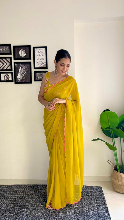 Vamika Embroidery Mustard Georgette Bollywood Saree