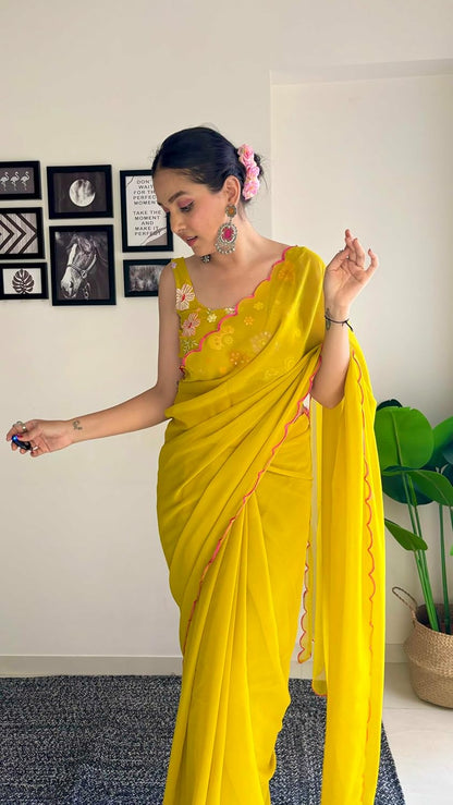 Vamika Embroidery Mustard Georgette Bollywood Saree