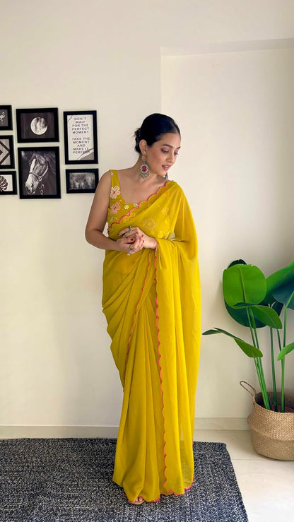 Vamika Embroidery Mustard Georgette Bollywood Saree