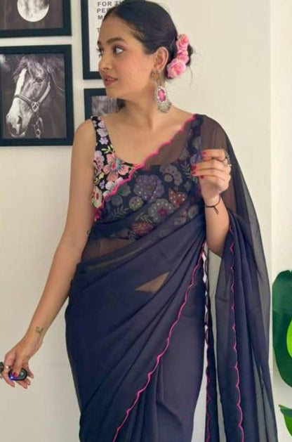 Vamika Embroidery Navy Blue Georgette Bollywood Saree