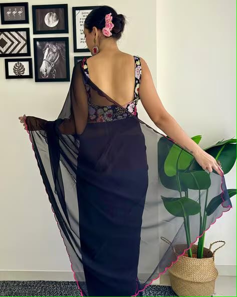 Vamika Embroidery Navy Blue Georgette Bollywood Saree