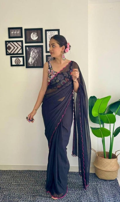 Vamika Embroidery Navy Blue Georgette Bollywood Saree