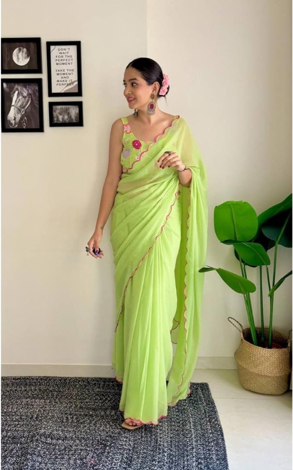 Vamika Embroidery Parrot Green Georgette Bollywood Saree