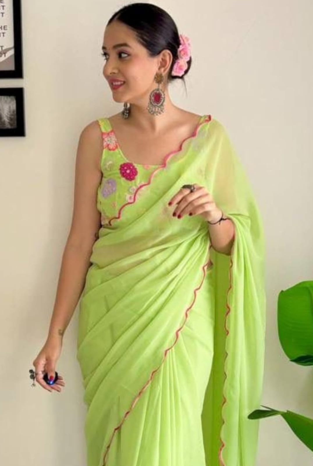 Vamika Embroidery Parrot Green Georgette Bollywood Saree