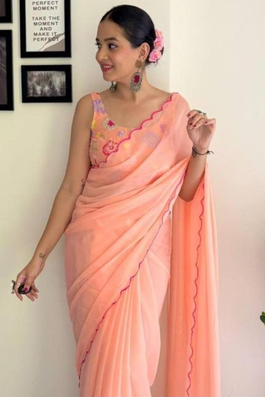 Vamika Embroidery Peach Georgette Bollywood Saree