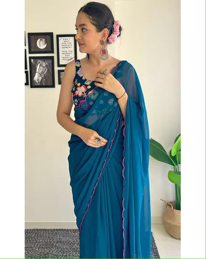 Vamika Embroidery Rama Green Georgette Bollywood Saree