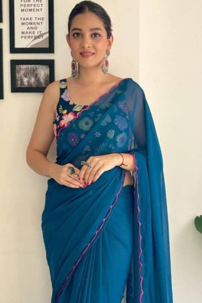 Vamika Embroidery Rama Green Georgette Bollywood Saree