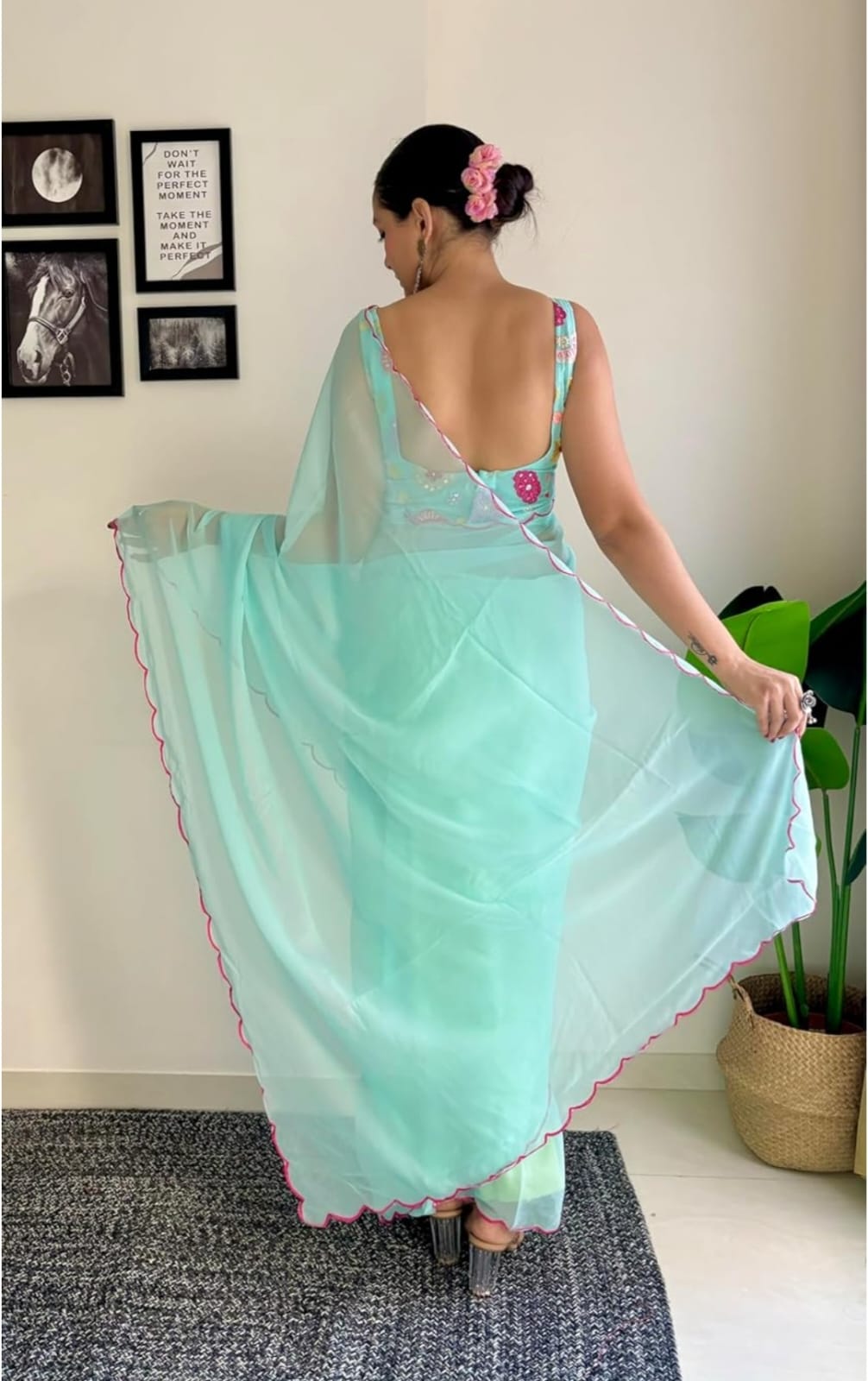 Vamika Embroidery Sky Blue Georgette Bollywood Saree