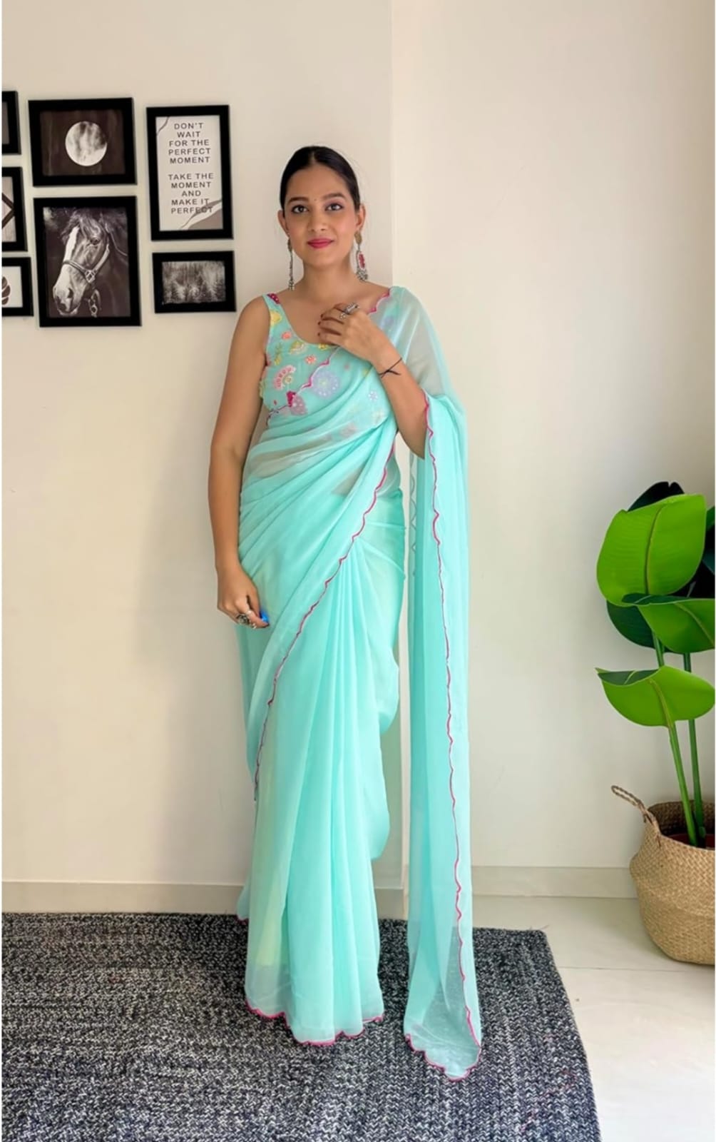 Vamika Embroidery Sky Blue Georgette Bollywood Saree