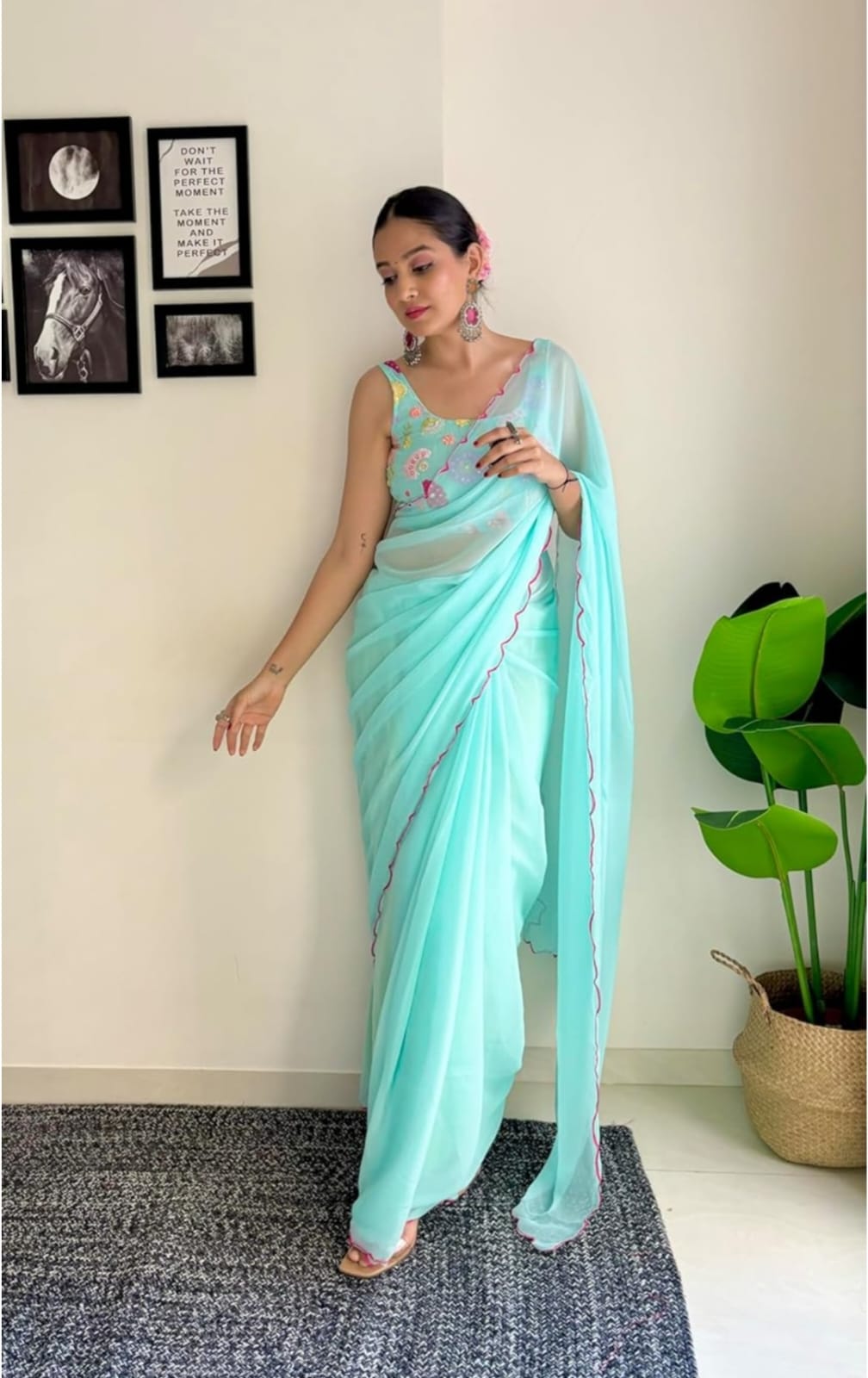 Vamika Embroidery Sky Blue Georgette Bollywood Saree