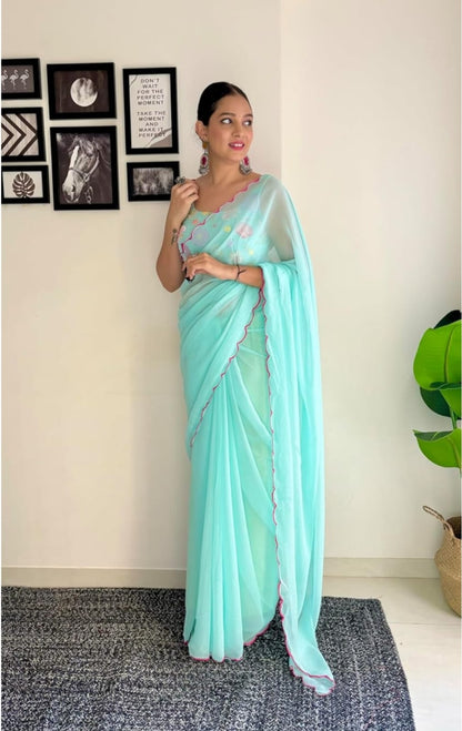 Vamika Embroidery Sky Blue Georgette Bollywood Saree