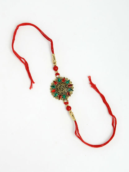 NVR Men Red & Gold-Toned Stone-Studded Rakhi With Roli Chawal & Chocolate