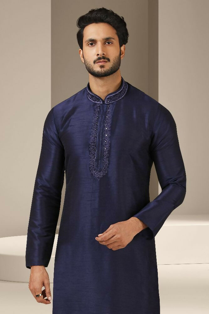 Raivat Ethnic Banarasi Art Silk Mirror Work Kurta Pajama In Navy Blue Colour