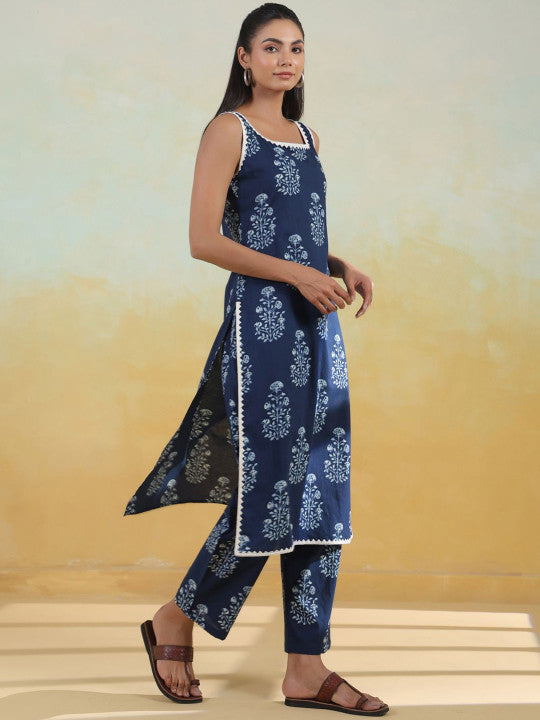 Anayna Floral Printed Round Neck Pure Cotton Straight Kurta With Trousers