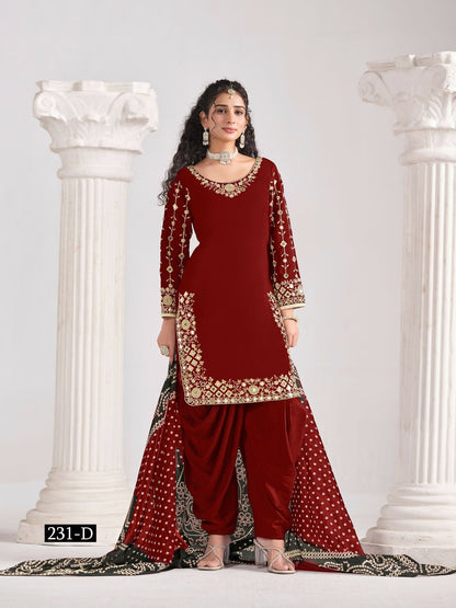 Anaita Red Roman Silk Stitched Suit with Embroidery & Real Mirror Work