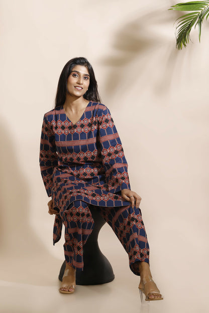Breathables Women'S Blue Cotton Abstract Print Loungewear Co-Ord Set – Long Kurta & Pants