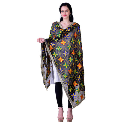 SWI Stylish Women's Embroidered Phulkari Chiffon Black Dupatta
