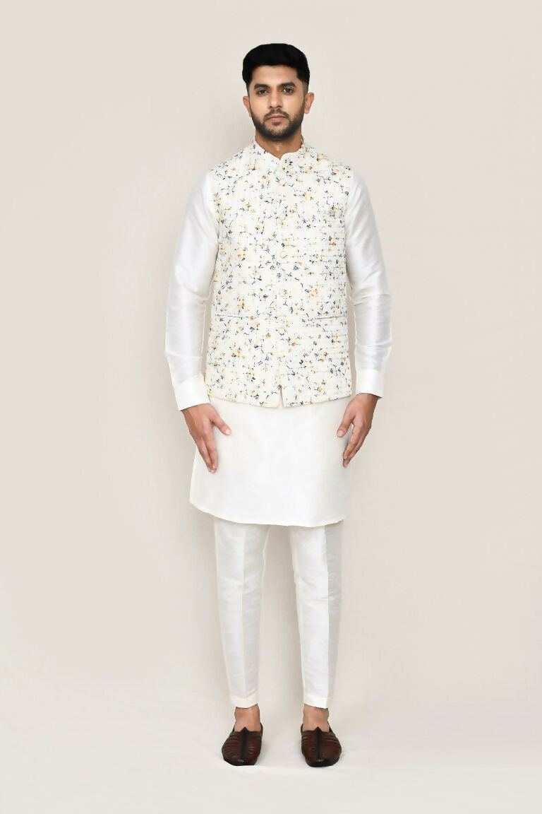 Joban Fashion White Colored Art Silk Fabric Kurta, Jacket With Straight Fit Pant