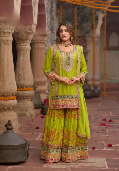 Anaita Parrot-Green Chinon Readymade Palazzo Suit with Codding Dori & Sequence Work
