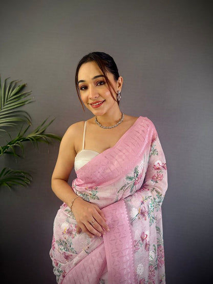 Elora Baby Pink Silk Floral Motifs Coppery Tone Contrast Floral Border Banarasi Saree