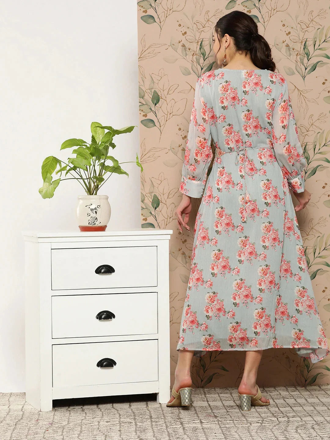 Yufta Floral Chiffon A-Line Midi Dress
