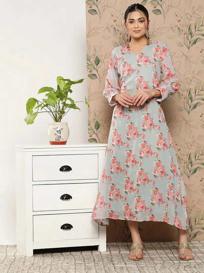 Yufta Floral Chiffon A-Line Midi Dress