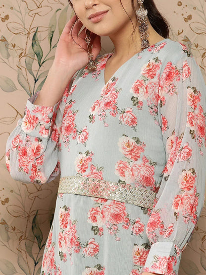 Yufta Floral Chiffon A-Line Midi Dress